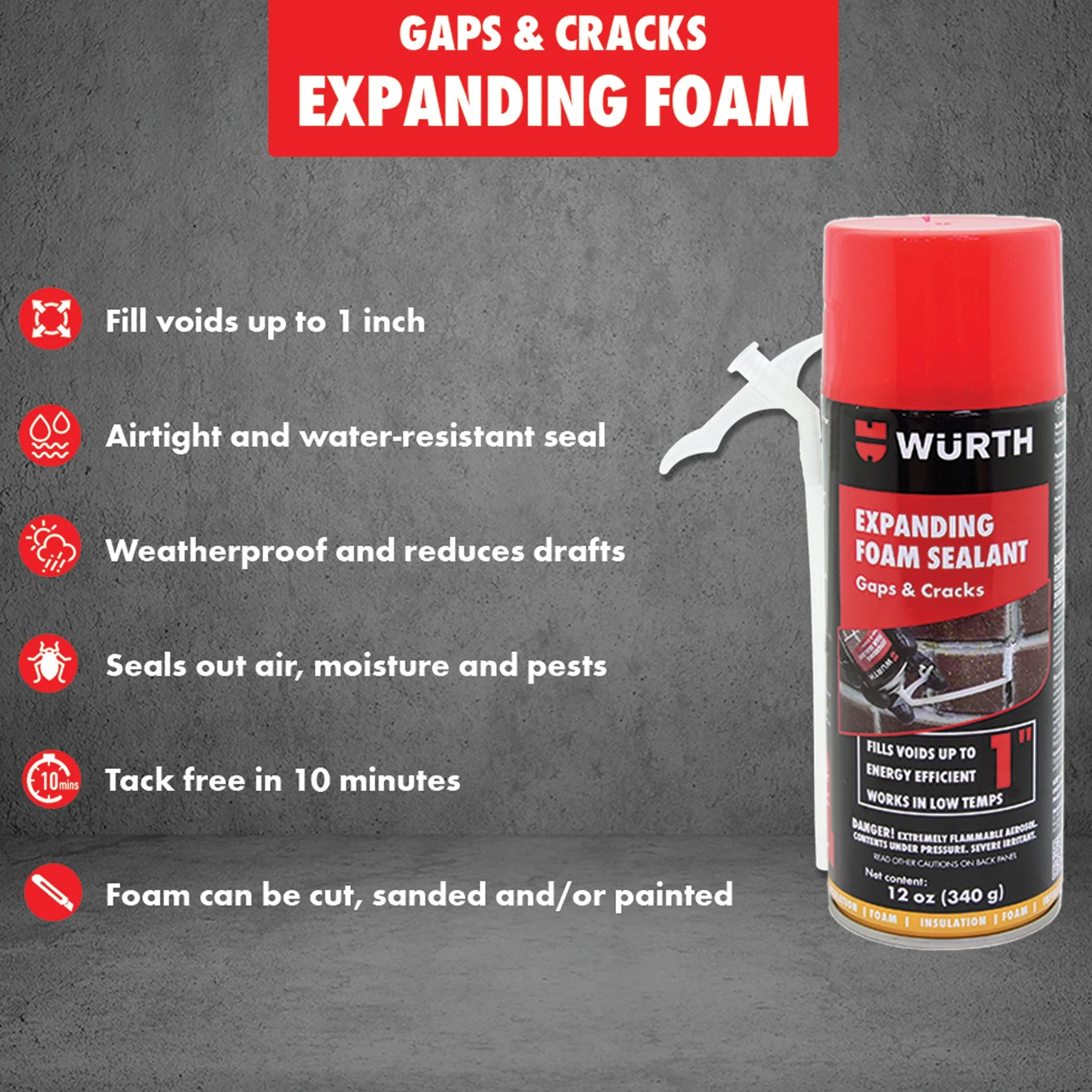 12Oz Expanding Foam Sealant for Gaps and Cracks up to 1 Inch - Insulating Spray Foam